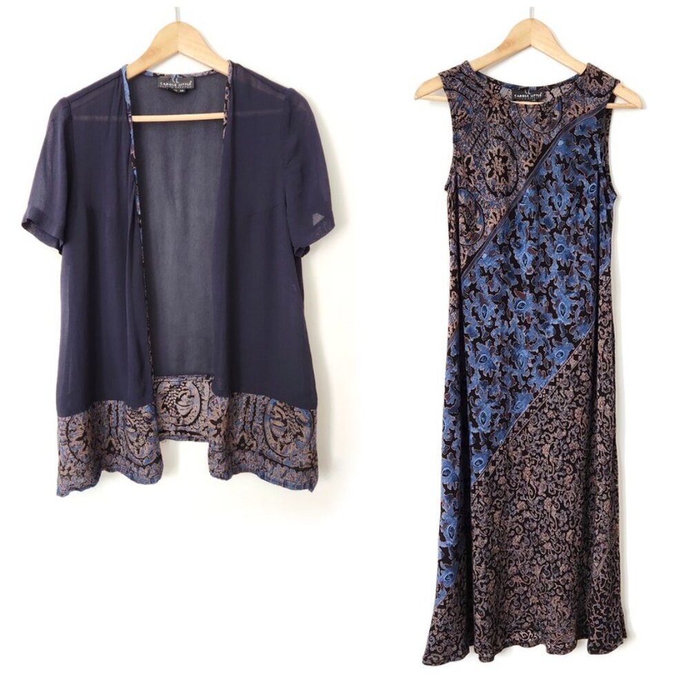 Vtg 90s Carole Little Dress Set 14P Midi Blue Paisley Medallion Rayon Boho Artsy